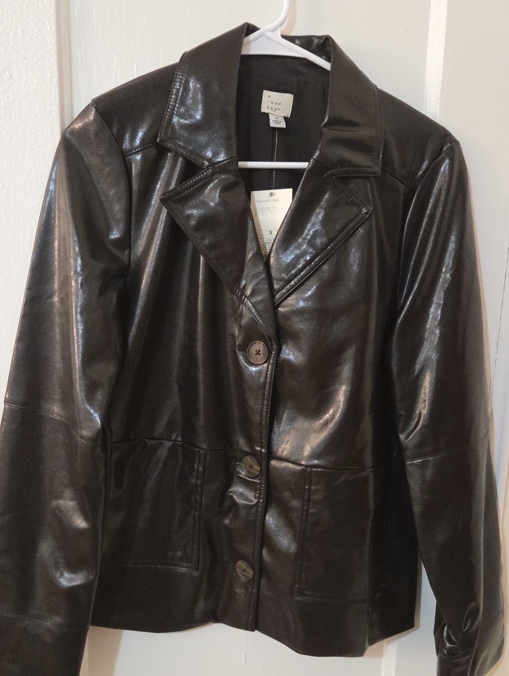 a new day Glossy Espresso Button-Front Faux Leather Blazer Jacket Small NWT